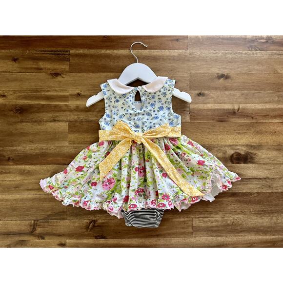 SweetHoney Belle Bubble Romper Proper Floral Sleeveless Blue Yellow Green 2T - Picture 5 of 11
